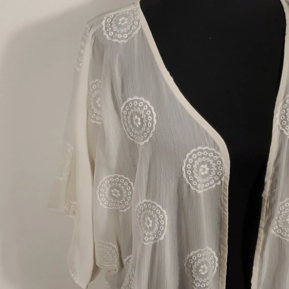Open Front Kimono Cover-Up - Off White/Ivory - Embroidered - OSFM